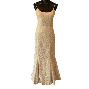 Jovani Fully Beaded Champagne Lace Tulle Trumpet Fitted Formal Gown Size 10